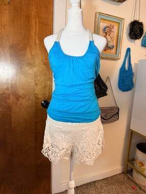 Y2K Taboo Turquoise Braided Halter Top Macrame Strap Open Back Tank L